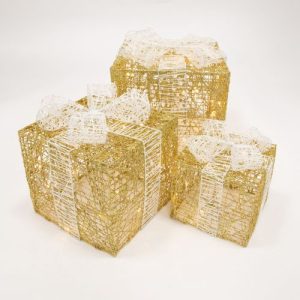 SET OF 3PCS WHITE AND GOLD LED XMAS LIGHTUP BOXES