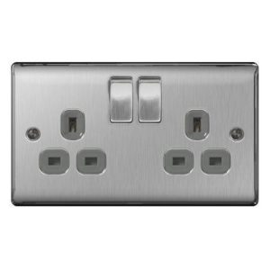 BG BRUSHED STEEL 2G SWITCHED SOCKET (GREY INS)