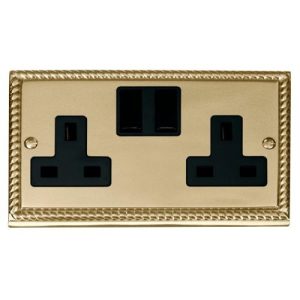 CLICK DECO GEORGIAN CAST BRASS GCBRASS 2-GANG 13A DP SWITCHED SOCKET BLACK