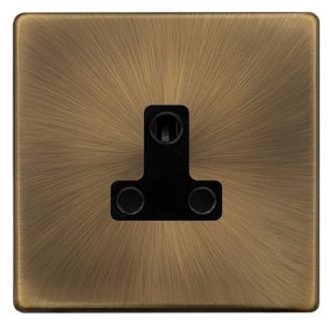 CLICK DEFINITY COMPLETE 5A ROUND PIN SOCKET - ANTIQUE BRASS COVER PLATE - BLACK INSERT