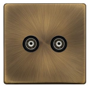 CLICK DEFINITY COMPLETE TWIN ISOLATED COAXIAL OUTLET - ANTIQUE BRASS COVER PLATE - BLACK INSERT
