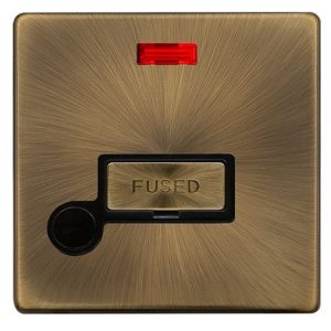CLICK DEFINITY COMPLETE 13A INGOT FUSED CONNECTION UNIT WITH NEON & OPTIONAL FLEX OUTLET - ANTIQUE BRASS COVER PLATE - BLACK INSERT