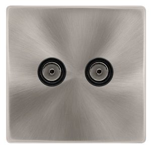 CLICK DEFINITY COMPLETE TWIN NON-ISOLATED COAXIAL OUTLET - BRUSHED STEEL COVER PLATE - BLACK INSERT