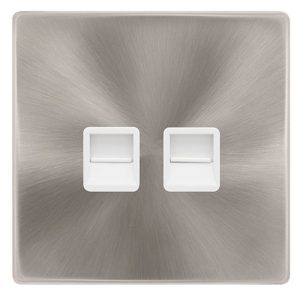 CLICK DEFINITY COMPLETE TWIN TELEPHONE SECONDARY OUTLET - BRUSHED STEEL COVER PLATE - POLAR WHITE INSERT