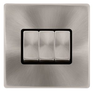 CLICK DEFINITY COMPLETE 10AX INGOT 3 GANG 2 WAY SWITCH - BRUSHED STEEL COVER PLATE - BLACK INSERT