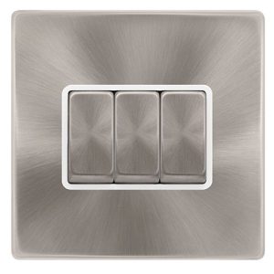 CLICK DEFINITY COMPLETE 10AX INGOT 3 GANG 2 WAY SWITCH - BRUSHED STEEL COVER PLATE - POLAR INSERT