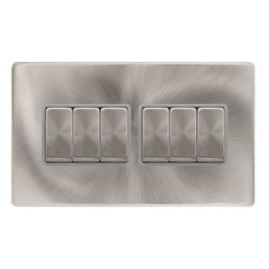 CLICK DEFINITY COMPLETE 10AX INGOT 6 GANG 2 WAY SWITCH - BRUSHED STEEL COVER PLATE - GREY INSERT