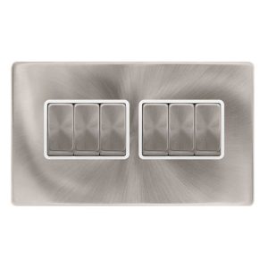 CLICK DEFINITY COMPLETE 10AX INGOT 6 GANG 2 WAY SWITCH - BRUSHED STEEL COVER PLATE - POLAR INSERT