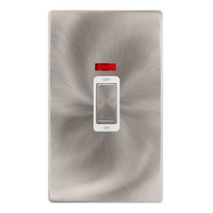 CLICK DEFINITY COMPLETE 50A INGOT 2 GANG DOUBLE POLE SWITCH WITH NEON -  BRUSHED STEEL COVER PLATE - POLAR WHITE INSERT