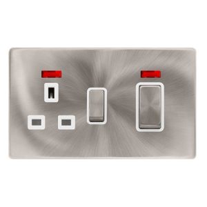 CLICK DEFINITY COMPLETE 50A INGOT DOUBLE POLE SWITCH WITH 13A DOUBLE POLE SWITCHED SOCKET & NEON -  BRUSHED STEEL COVER PLATE - POLAR WHITE INSERT