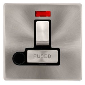 CLICK DEFINITY COMPLETE 13A INGOT SWITCHED FUSED CONNECTION UNIT WITH NEON & OPTIONAL FLEX OUTLET - BRUSHED STEEL COVER PLATE - BLACK INSERT