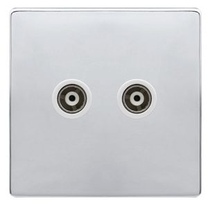 CLICK DEFINITY COMPLETE TWIN ISOLATED COAXIAL OUTLET - POLISHED CHROME COVER PLATE - POLAR WHITE INSERT