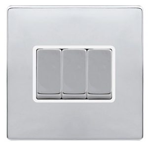 CLICK DEFINITY COMPLETE 10AX INGOT 3 GANG 2 WAY SWITCH - POLISHED CHROME COVER PLATE - POLAR WHITE INSERT