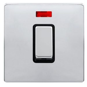 CLICK DEFINITY COMPLETE 50A INGOT 1 GANG DOUBLE POLE SWITCH WITH NEON -  POLISHED CHROME COVER PLATE - BLACK INSERT