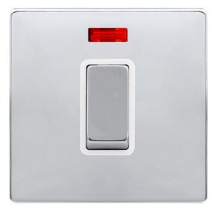 CLICK DEFINITY COMPLETE 50A INGOT 1 GANG DOUBLE POLE SWITCH WITH NEON -  POLISHED CHROME COVER PLATE - POLAR WHITE INSERT