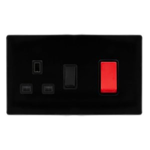 CLICK DEFINITY COMPLETE 50A DOUBLE POLE SWITCH WITH 13A DOUBLE POLE SWITCHED SOCKET -  METAL BLACK COVER PLATE - BLACK INSERT