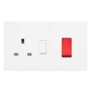 CLICK DEFINITY COMPLETE 50A DOUBLE POLE SWITCH WITH 13A DOUBLE POLE SWITCHED SOCKET - METAL WHITE COVER PLATE - POLAR WHITE INSERT