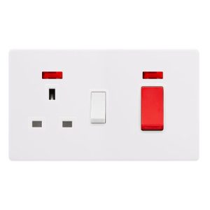 CLICK DEFINITY COMPLETE 50A DOUBLE POLE SWITCH WITH 13A DOUBLE POLE SWITCHED SOCKET & NEON -   POLAR WHITE COVER PLATE - POLAR WHITE INSERT