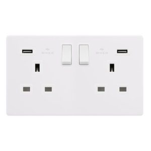 CLICK DEFINITY COMPLETE 13A INGOT 2 GANG SWITCHED SOCKET WITH 2.1A USB OUTLETS - POLAR WHITE COVER PLATE - POLAR WHITE INSERT
