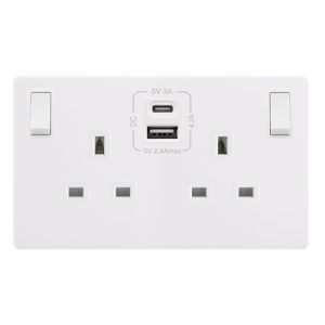 CLICK DEFINITY COMPLETE 13A INGOT 2 GANG SWITCHED SAFETY SHUTTER SOCKET WITH TYPE A & C USB - POLAR WHITE COVER PLATE - POLAR WHITE INSERT
