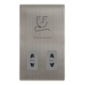 CLICK DEFINITY COMPLETE 115/230V DUAL VOLTAGE SHAVER SOCKET - STAINLESS STEEL COVER PLATE - GREY INSERT