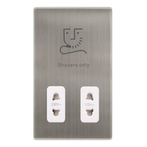 CLICK DEFINITY COMPLETE 115/230V DUAL VOLTAGE SHAVER SOCKET - STAINLESS STEEL COVER PLATE - POLAR WHITE INSERT