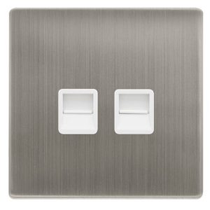 CLICK DEFINITY COMPLETE TWIN TELEPHONE SECONDARY OUTLET - STAINLESS STEEL COVER PLATE - POLAR WHITE INSERT