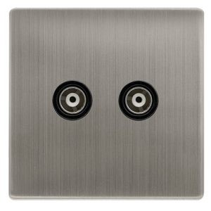 CLICK DEFINITY COMPLETE TWIN ISOLATED COAXIAL OUTLET - STAINLESS STEEL COVER PLATE - BLACK INSERT