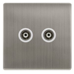 CLICK DEFINITY COMPLETE TWIN ISOLATED COAXIAL OUTLET - STAINLESS STEEL COVER PLATE - POLAR WHITE INSERT
