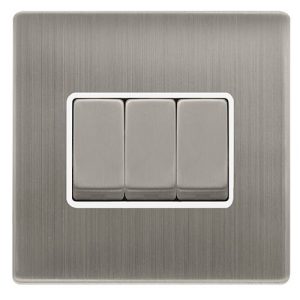 CLICK DEFINITY COMPLETE 10AX INGOT 3 GANG 2 WAY SWITCH - STAINLESS STEEL COVER PLATE - POLAR WHITE INSERT