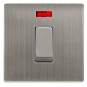 CLICK DEFINITY COMPLETE 50A INGOT 1 GANG DOUBLE POLE SWITCH WITH NEON -  STAINLESS STEEL COVER PLATE - GREY INSERT