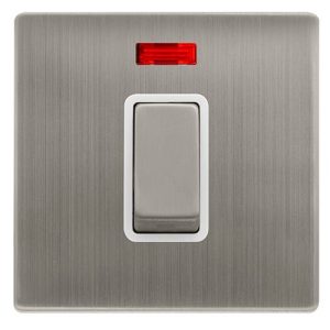 CLICK DEFINITY COMPLETE 50A INGOT 1 GANG DOUBLE POLE SWITCH WITH NEON -  STAINLESS STEEL COVER PLATE - POLAR WHITE INSERT