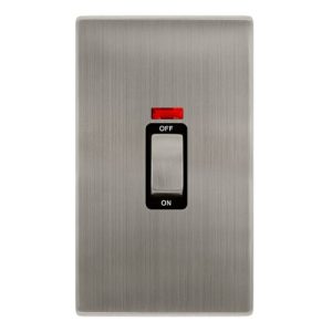 CLICK DEFINITY COMPLETE 50A INGOT 2 GANG DOUBLE POLE SWITCH WITH NEON -  STAINLESS STEEL COVER PLATE - BLACK INSERT