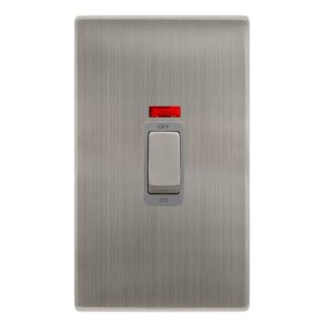 CLICK DEFINITY COMPLETE 50A INGOT 2 GANG DOUBLE POLE SWITCH WITH NEON -  STAINLESS STEEL COVER PLATE - GREY INSERT