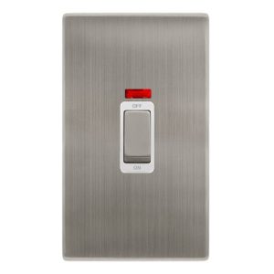 CLICK DEFINITY COMPLETE 50A INGOT 2 GANG DOUBLE POLE SWITCH WITH NEON -  STAINLESS STEEL COVER PLATE - POLAR WHITE INSERT