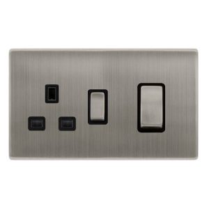 CLICK DEFINITY COMPLETE 50A INGOT DOUBLE POLE SWITCH WITH 13A DOUBLE POLE SWITCHED SOCKET -  STAINLESS STEEL COVER PLATE - BLACK INSERT