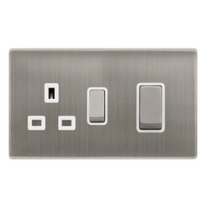 CLICK DEFINITY COMPLETE 50A INGOT DOUBLE POLE SWITCH WITH 13A DOUBLE POLE SWITCHED SOCKET -  STAINLESS STEEL COVER PLATE - POLAR WHITE INSERT