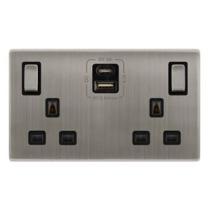 CLICK DEFINITY COMPLETE 13A INGOT 2 GANG SWITCHED SAFETY SHUTTER SOCKET WITH TYPE A & C USB - STAINLESS STEEL COVER PLATE - BLACK INSERT