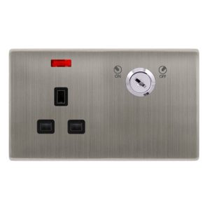 CLICK DEFINITY COMPLETE 13A 1 GANG DOUBLE POLE KEY LOCKABLE SOCKET WITH NEON - STAINLESS STEEL COVER PLATE - BLACK INSERT