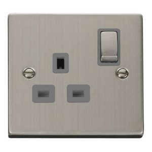 CLICK DECO VICTORIAN STAINLESS STEEL VPSS ING 1G 13A DP SWITCH SOCKET GREY