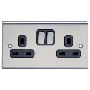DETA STAINLESS STEEL 2G SWITCHED SOCKET (BLK INS)