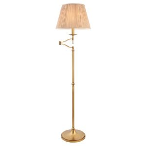 ENDON INTERIORS 1900 STANFORD ANTIQUE BRASS SWING ARM FLOOR & BEIGE SHADE