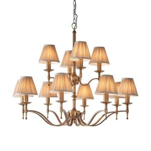 ENDON INTERIORS 1900 STANFORD ANTIQUE BRASS 12LT PENDANT & BEIGE SHADES