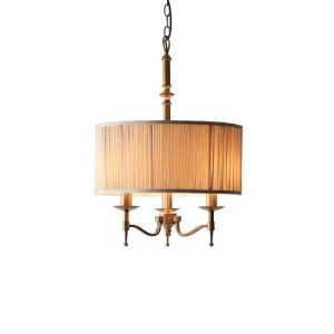 ENDON INTERIORS 1900 STANFORD ANTIQUE BRASS 3LT PENDANT & BEIGE SHADE