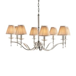 ENDON INTERIORS 1900 STANFORD NICKEL 8LT PENDANT & BEIGE SHADES