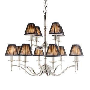 ENDON INTERIORS 1900 STANFORD NICKEL 12LT PENDANT & BLACK SHADES