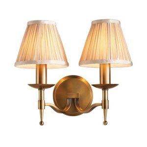 ENDON INTERIORS 1900 STANFORD ANTIQUE BRASS TWIN WALL & BEIGE SHADES