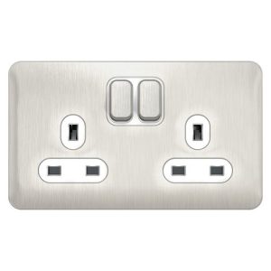 SCHNEIDER LISSE SCREWLESS BRUSHED CHROME 2G 13A SOCKET WHITE INSERT
