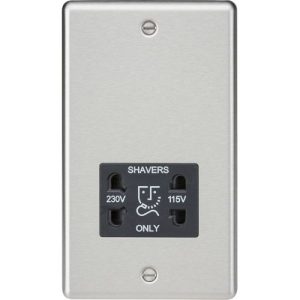 KNIGHTSBRIDGE 115-230V DUAL VOLTAGE SHAVER SOCKET WITH BLACK INSERT - ROUNDED EDGE BRUSHED CHROME