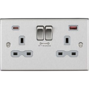 KNIGHTSBRIDGE 13A 2G DP SWITCHED SOCKET WITH DUAL USB CHARGER A + C (FASTCHARGE) - BRUSHED CHROME WITH GREY INSERT